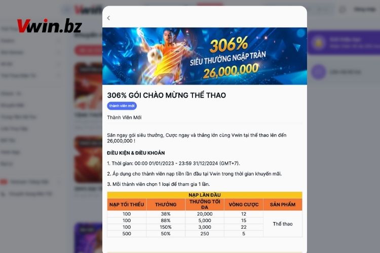 306% cho gói chào mừng thể thao Vwin khuyến mãi