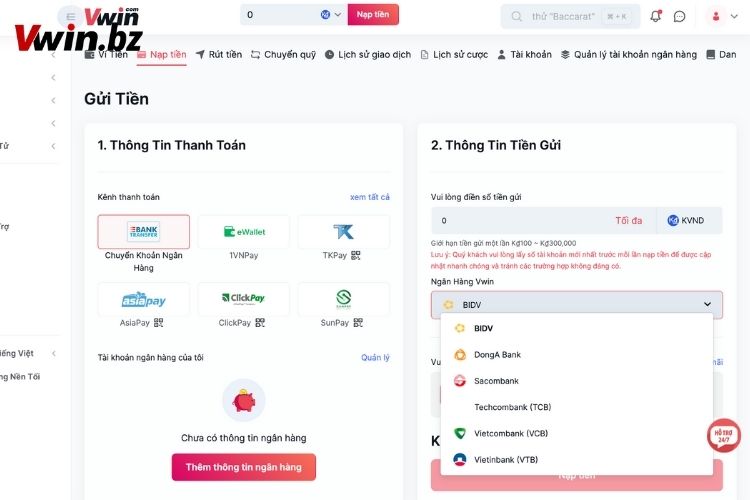 Nạp tiền Vwin bằng hình thức chuyển khoản ngân hàng